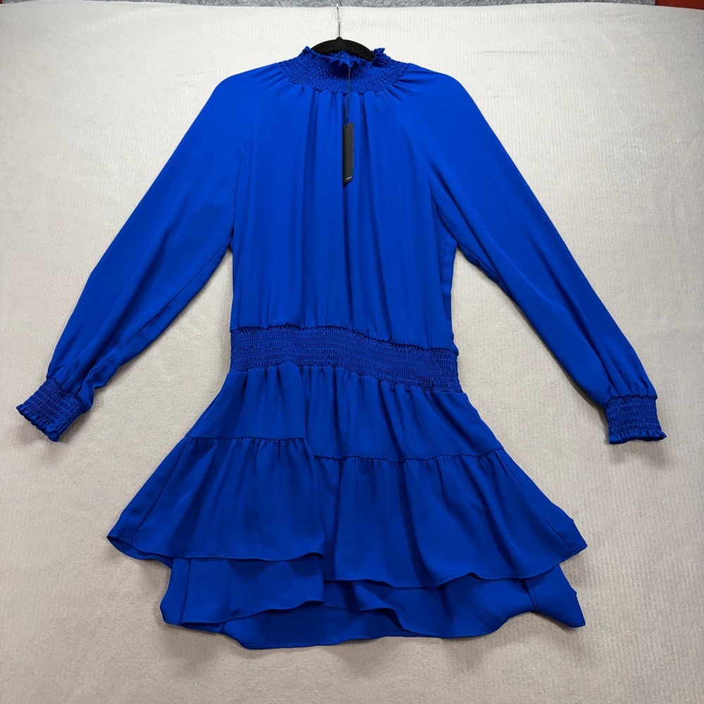 Krisa Mini Dress Womens Medium Blue Smocked Mock Neck Long Sleeve K-2290MW